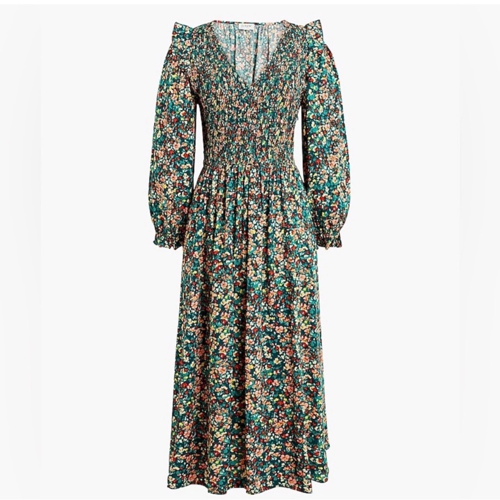 J. Crew V-Neck Smocked Green Floral Midi Dress - Picture 3 of 11